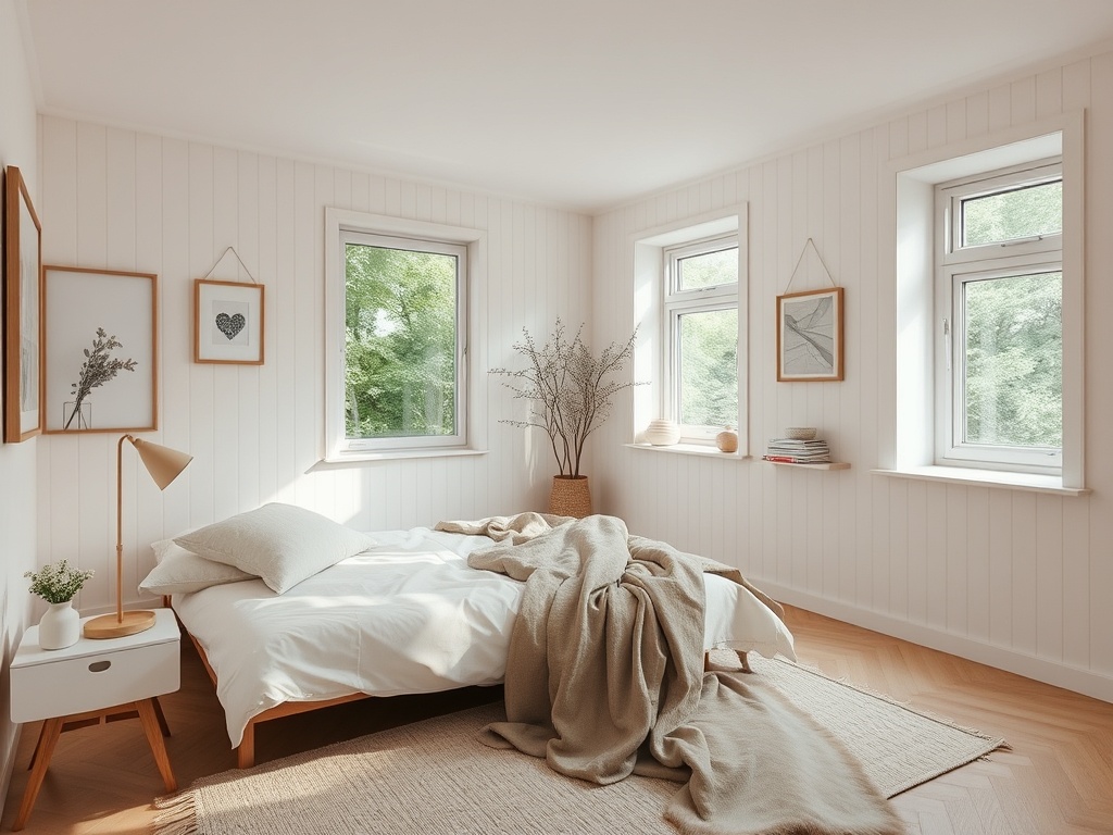 Светлая спальня с окнами, покрытым уютным пледом кроватью и художественными работами на стенах.