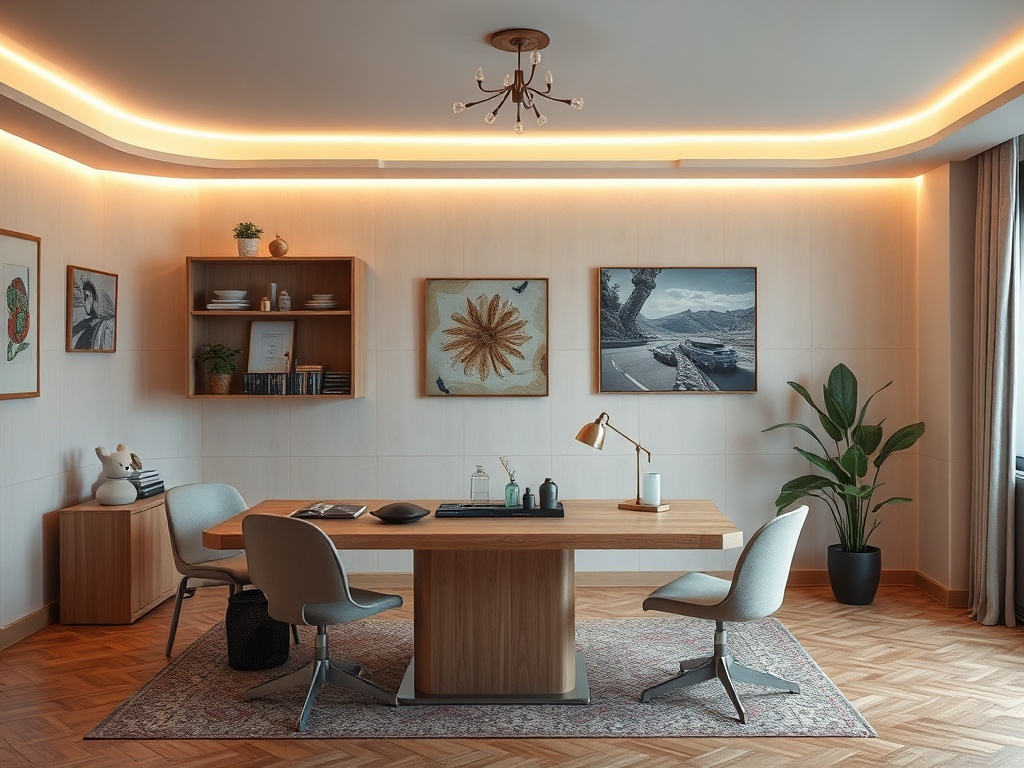 Современный офис с деревянным столом, уютным освещением и зелеными растениями. Стены украшены картинами.