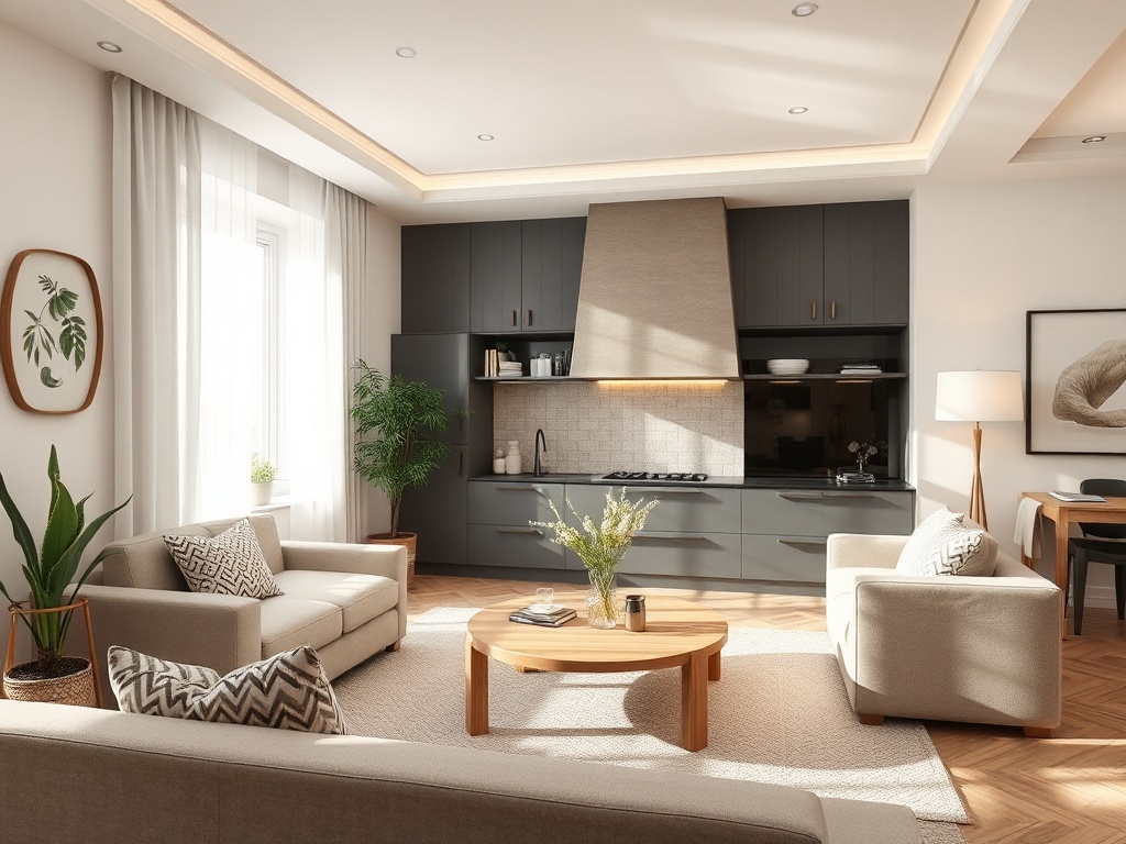 Современная кухня-гостиная с удобной мебелью и естественным освещением. Зеленые растения добавляют уют.