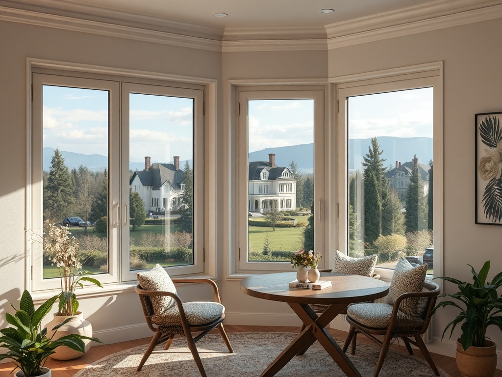 Уютный уголок с двумя креслами и круглым столом, окна смотрят на красивый ландшафт и дома.