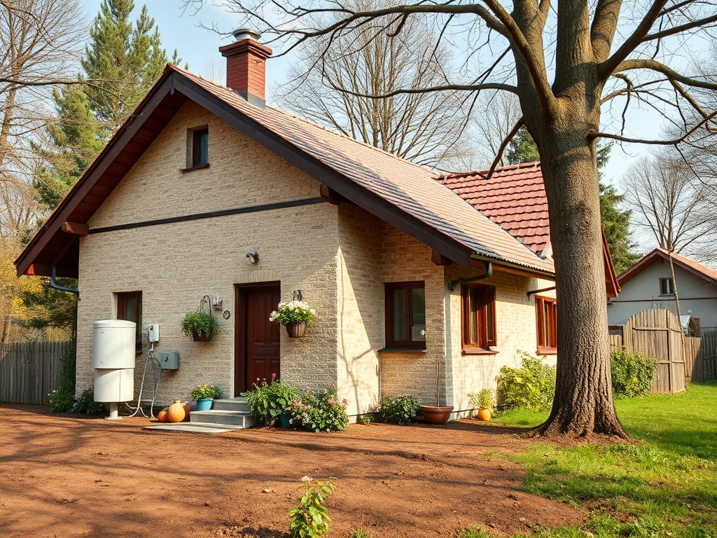 Дом с красной крышей и небольшой террасой, окружённый зеленью и деревьями. Уютная загородная обстановка.