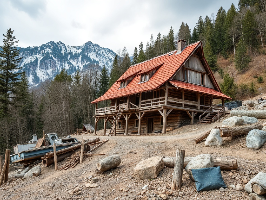 Деревянный дом в горной местности, окруженный лесом и скалистыми горами, с мокрой землей и камнями.